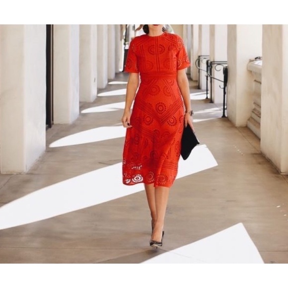 ASOS Premium Broderie Fabric Lace Eyelet Cocktail Red Cotton Midi Dress US 4 - Picture 12 of 12